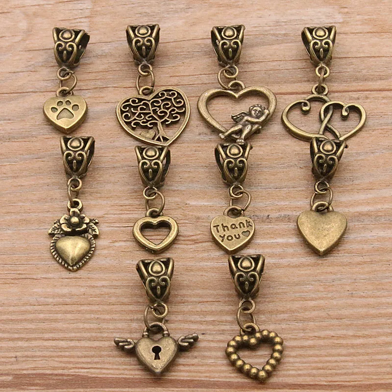 Mix 10pcs 4 Styles 2 Color Heart Charm Lobster Clasp Pendants Vintage Beads Fit for Women Bracelets DIY Metal Jewelry Making