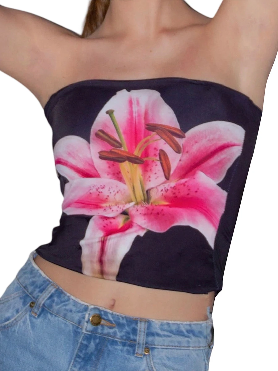 Women's Tube Tops Floral Print Boat Neck Slim Fit Backless Strapless Sleeveless Summer Tank Tops