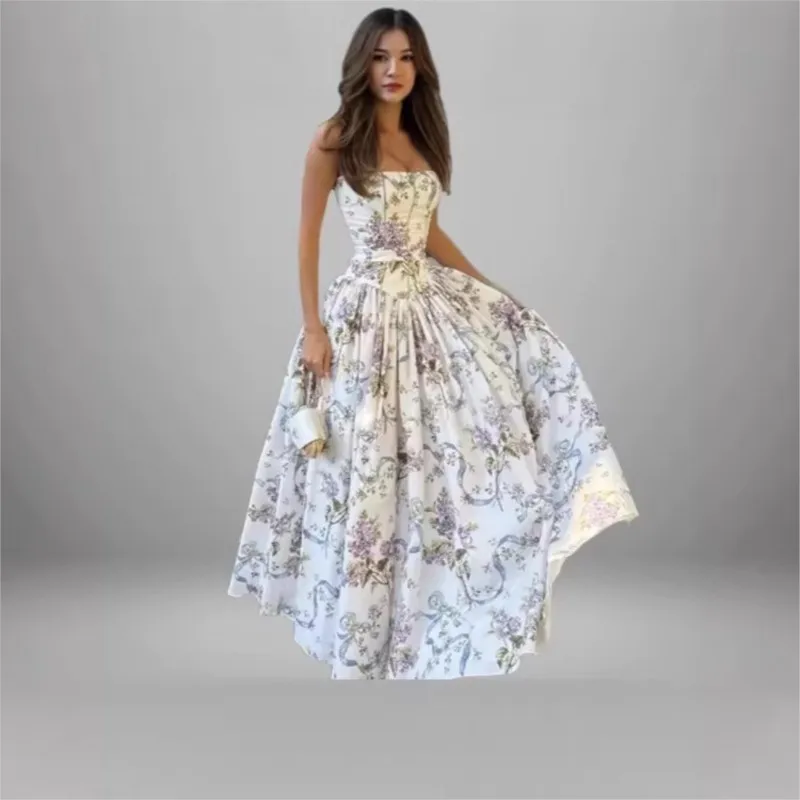 

Women's Spaghetti Straps Printed Maxi Dress Bodice Bone Corset Flare A Line Skirt Elegant Party Casual Maxi Dress