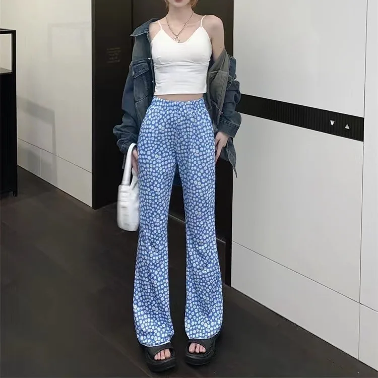 Korean Summer Daisy Floral Print Blue Pants Y2k E-Girl High Waist Thin Flare  2024 New Loose Wide Leg  Women