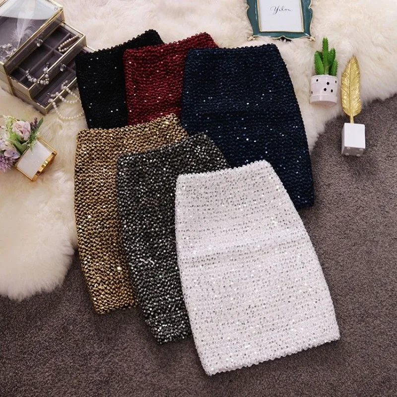 

Autumn Winter Chic Metallic Sequined Short Skirt Golden Silver Mini Knit Skirts