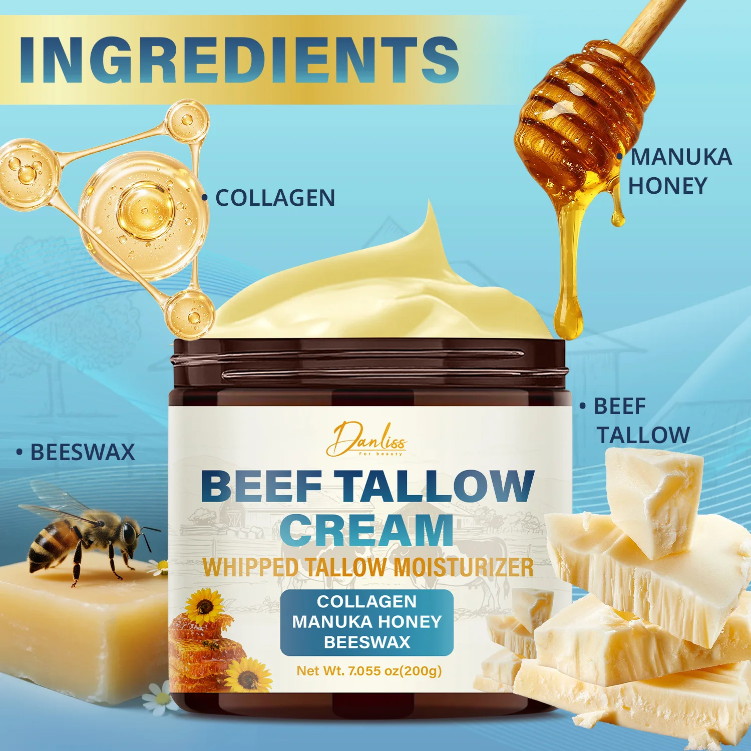 Whipped Beef Tallow Cream Moisturizer - Enriched with Collagen, Manuka Honey & Beeswax - Natural Hydration for Soft.