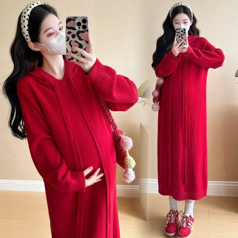 فستان حمل شتوي 2026 مع غطاء محرك السيارة وفيونكة فستان سترة منسوج لعيد الميلاد ، أنيق بحورية البحر فستان الحمل بالجملة