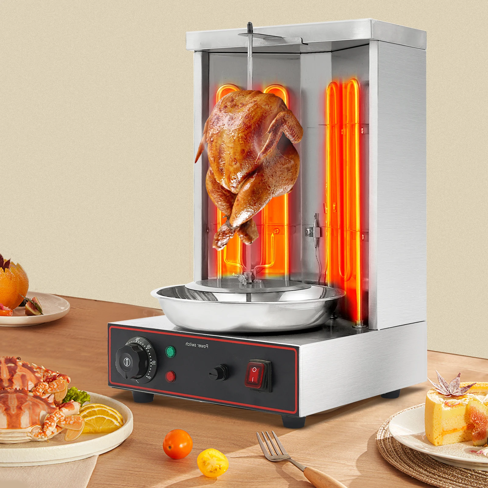 3000 W elektrische Shawarma-Grillmaschine aus Edelstahl, 2 Heizrohre, 360 ° Automatisches rotierendes Design