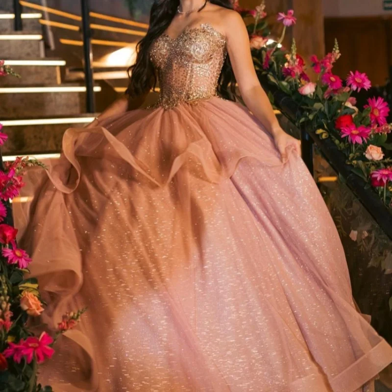 Champagne Quinceanera robe cristal paillettes décalcomanie dentelle superposition longue queue robes De 15 Quinceanera ﻿ Personnaliser