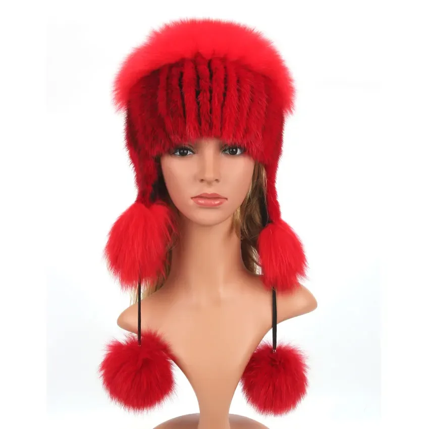 

Women Winter Real Mink Fur hat Elastic Knitted With Fox Fur Pompom Cap Female Russian Warm Beanies Hat With Ear Warmer Ear Flaps