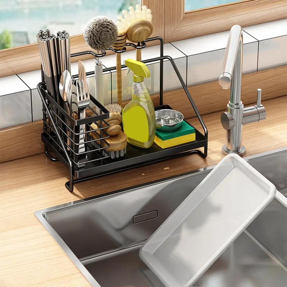 Sink Caddy with Partition Design Kitchen Sink Caddy Organizer with Drainage Tray Sponge Holder Soap Dispenser for Brushes