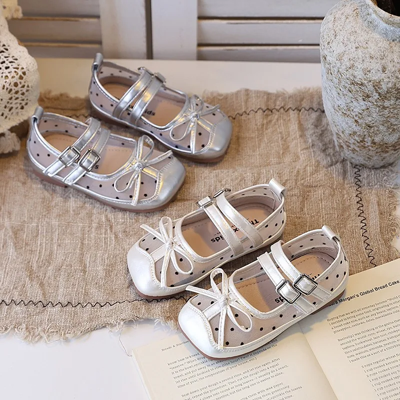 

Kids Girls Silver Hollow Mary Jane Shoes with Bow, Soft Non-slip Sole, Breathable Footwear for Summer & Casual Wear 21-30