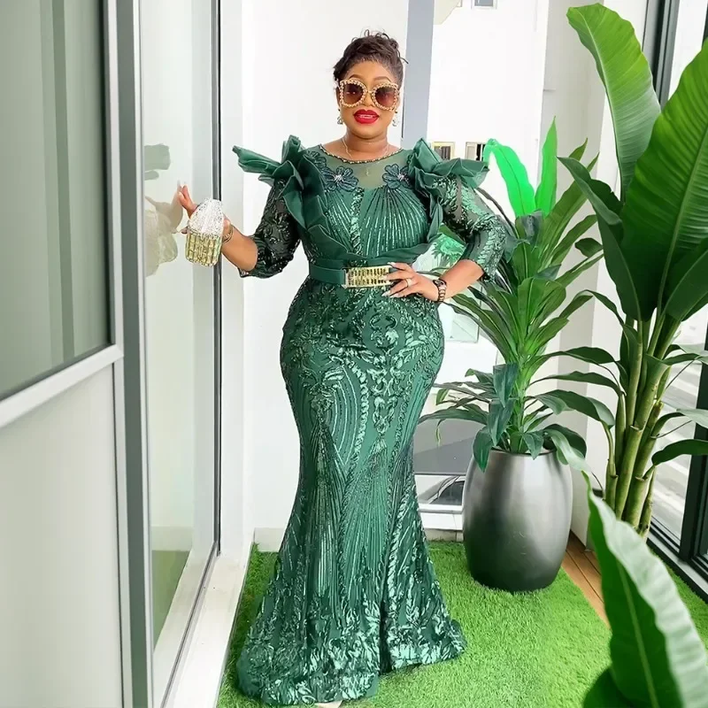 

Plus Size 2025 African Party Dresses for Women Dashiki Ankara Sequin Wedding Evening Gown Sexy Bodycon Maxi Robe Africa Clothing