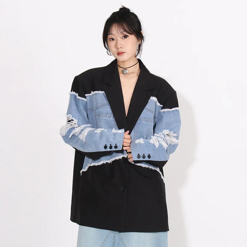 

Colorblock Casual Loose Coats for Women Notched Collar Long Sleeve Spliced Button Temperament Coat Female Fashion Suit Jacket