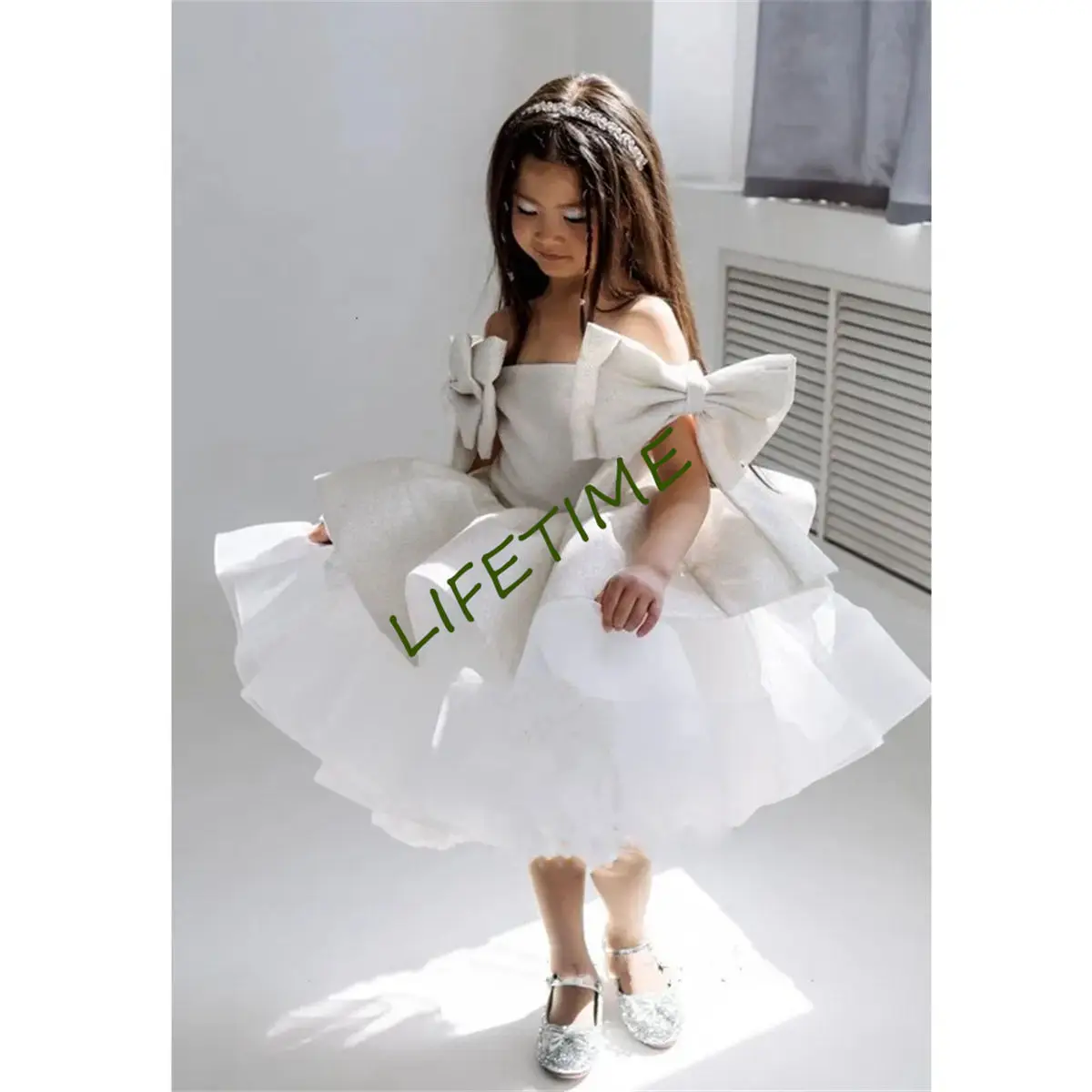 Princess Ruffles Flower Girl Dress For Wedding with Bow Sleeveless Off Shoulder Kid Birthday Party First Communion Ball Gown