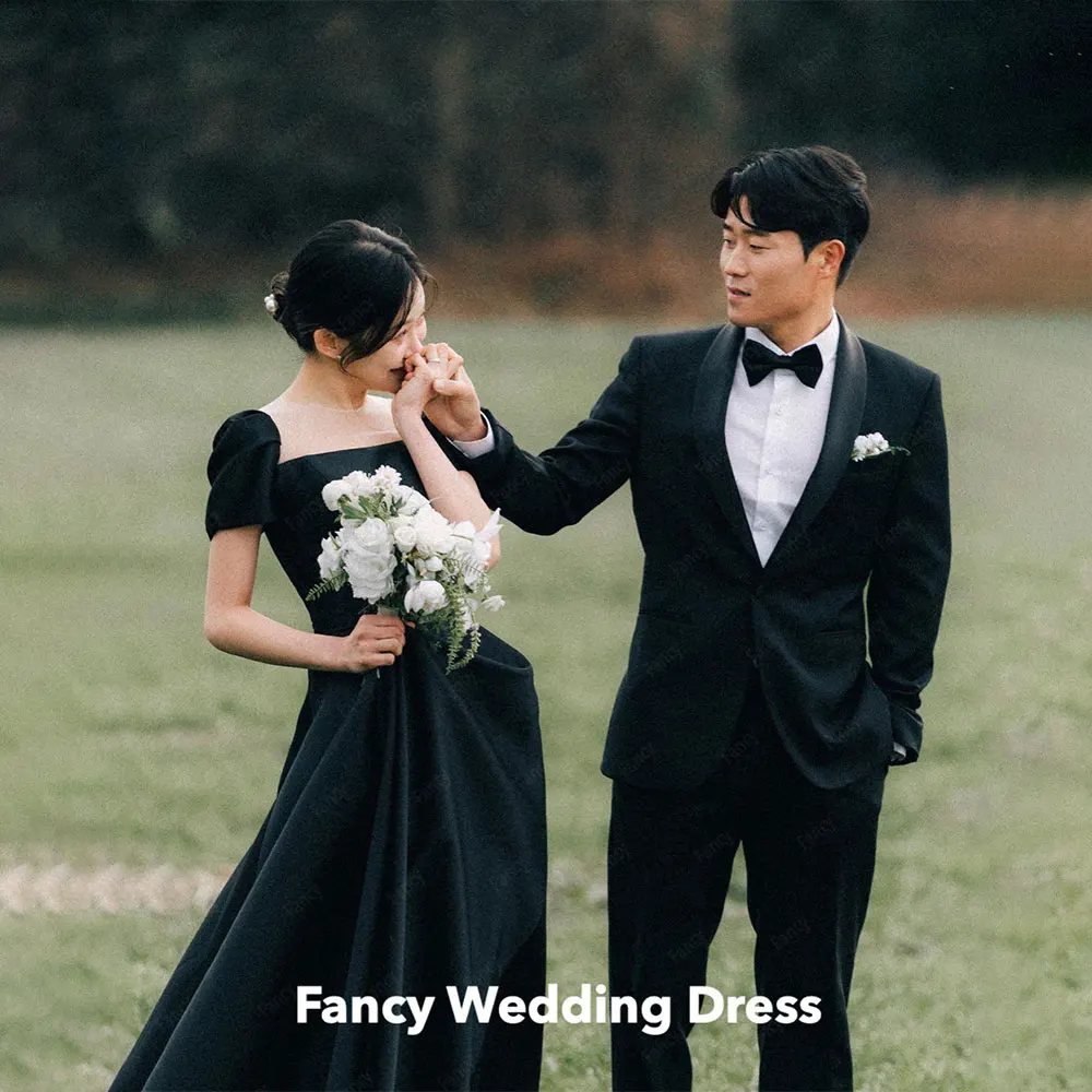 

Fancy Simple Black Off Shoulder Wedding Dress Korea Photoshoot A Line Bridal Gown Elastic Satin Irregular 웨딩드레스 Custom Made