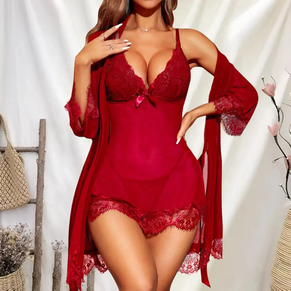 

Hoodie with Pockets Sexy Lace Pajama Set for Women Sheer Mesh Babydoll Chemise Nightgown Kimono Robe Thong 3-piece Sleepwear