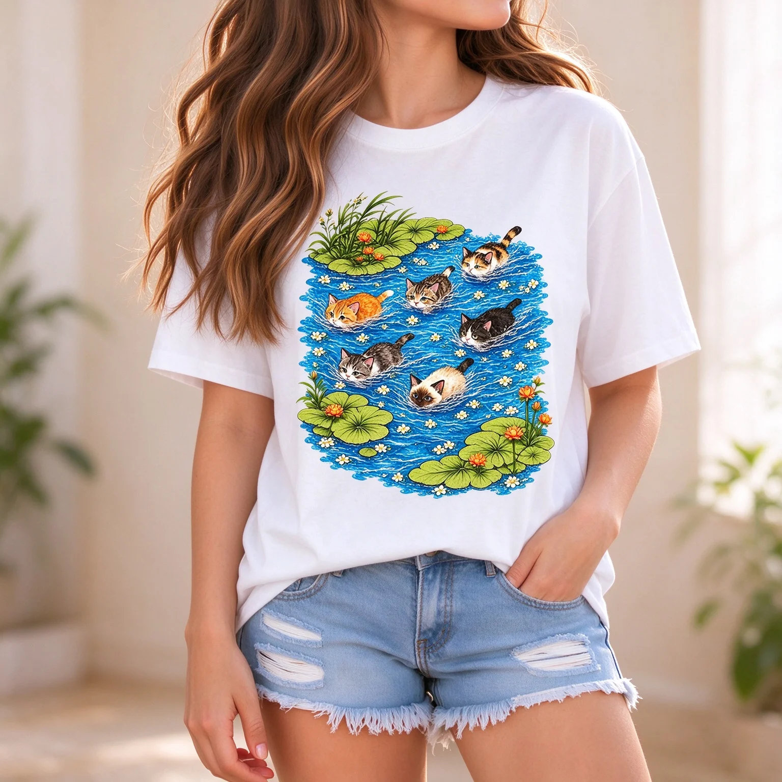 Cute Swimming Cats Lotus Pond Graphic T Shirt Women Lovely Kitten Water Lily Print Short Sleeve Crew Neck Casual Tee