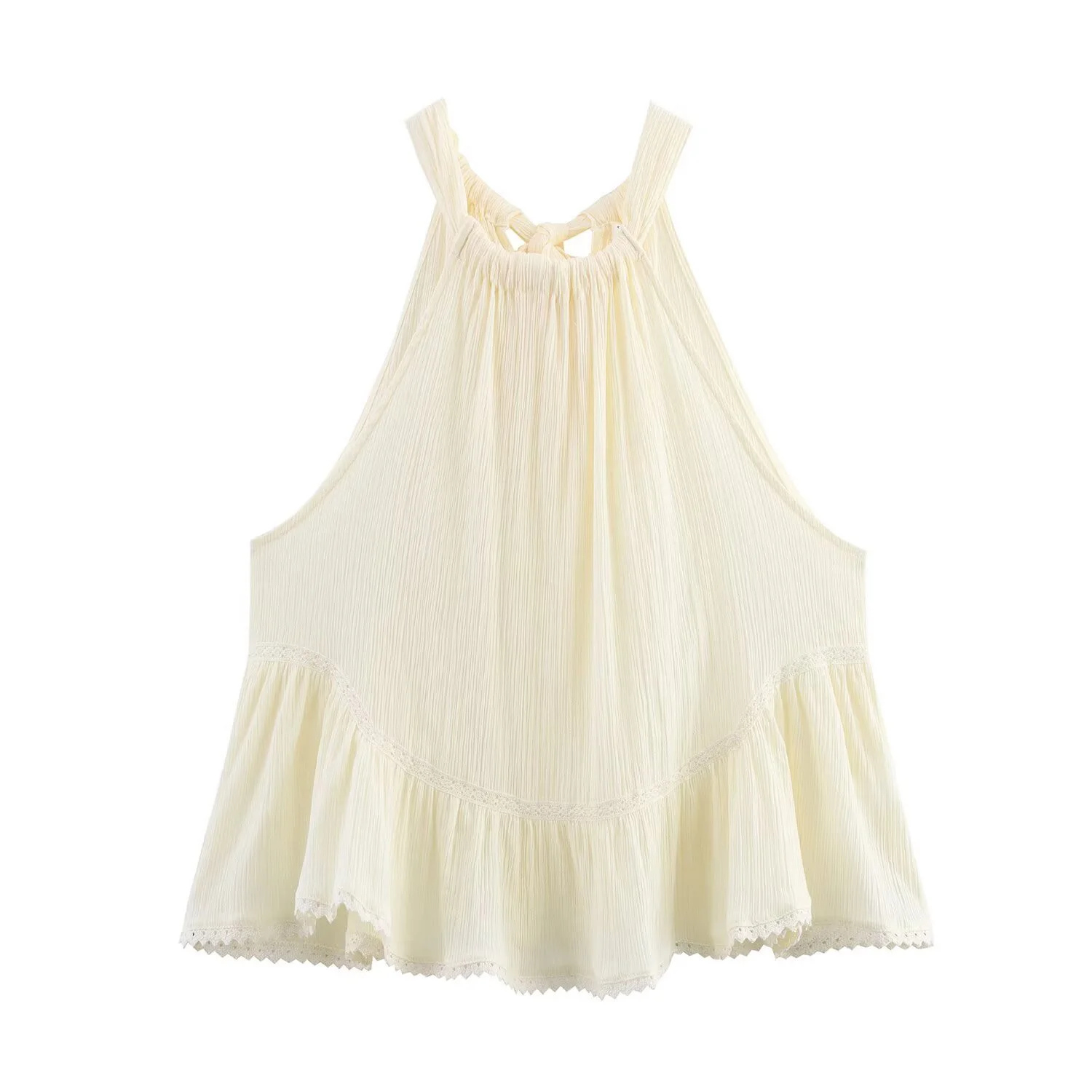 2025 Summer New Women's Sweet Off Shoulder Lace Embroidered Chiffon Hanging Neck and Neck Tank Top