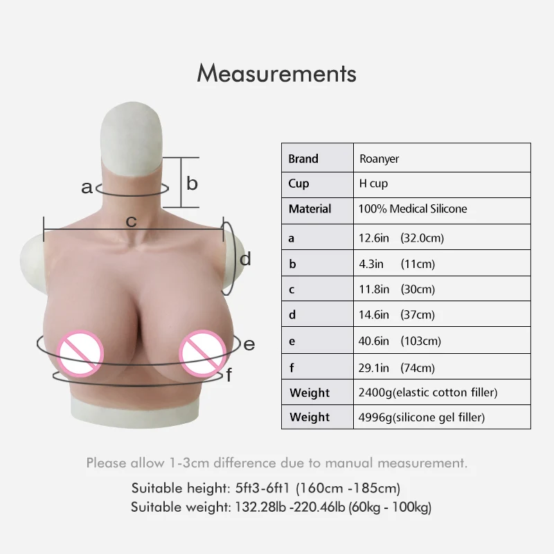 Roanyer Realistic H Cup Silicone Breast Forms for Crossdresser Costumes Drag Queen Fake Boobs Trans Body Suit Tits Shemale Pussy