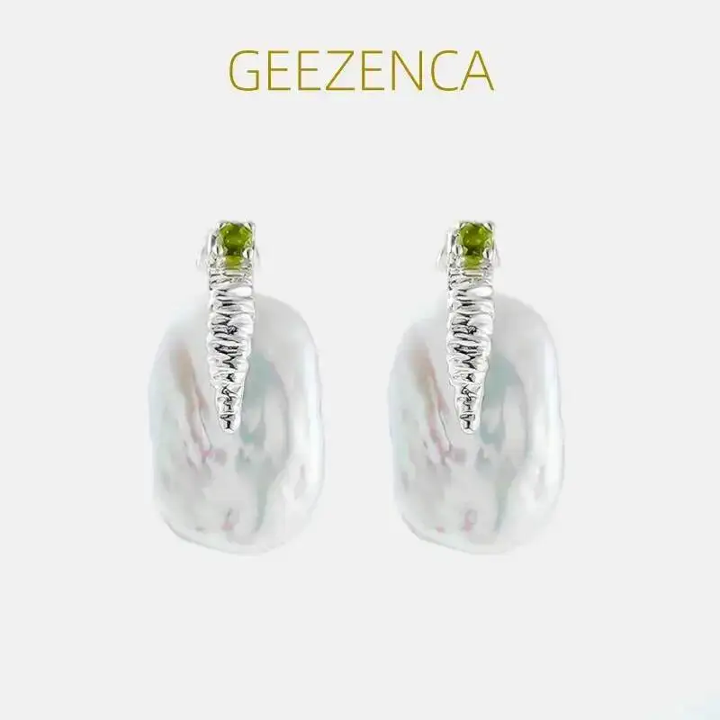 GEEZENCA Natural Baroque Pearl Tourmaline 925 Sterling  Silver Earrings For Women French Chic Luxury Small Earring 2023 New Gift