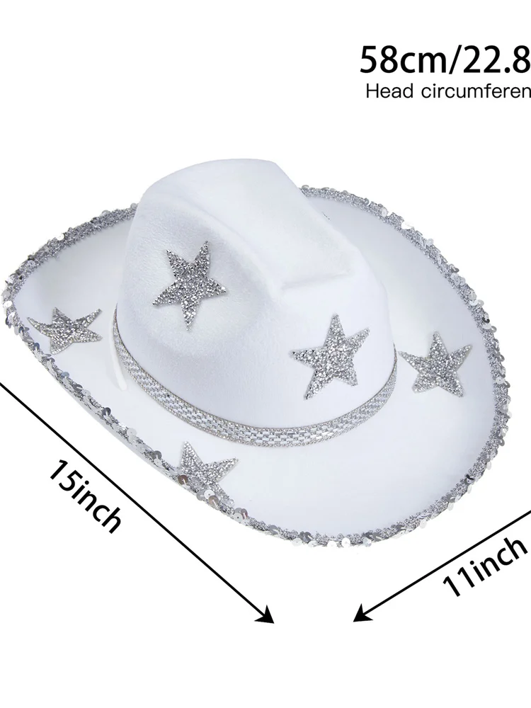 CHRONSTYLE Women Rhinestones Star Hat Wide Brim Diamond Glitter Cowboy Hats Cap Outwear Lace-up Caps Retro Elegant Hats Clubwear