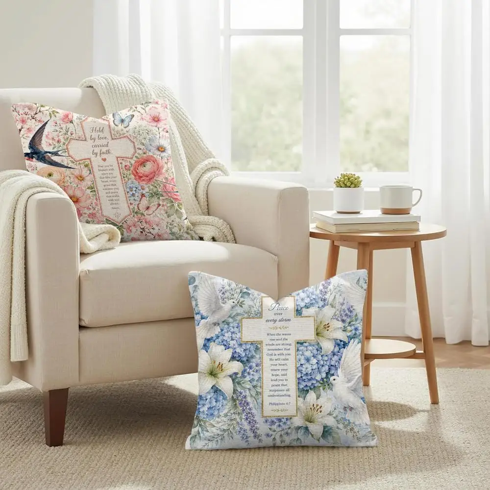 Floral Cross Design Cushion Cover Summer Coolness Linen Organic Fabric Sofa Pillow Case Double-Sided Printing Home Decor