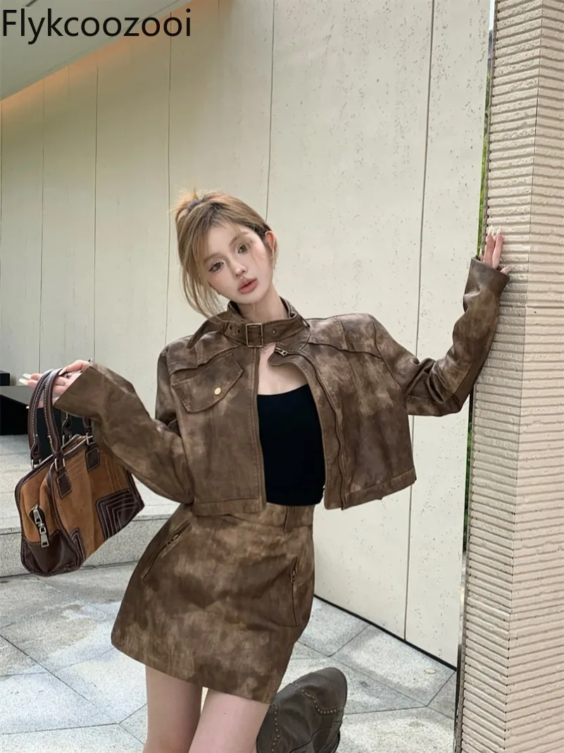 Casual Fashion Temperament Slimming Retro Long Sleeve PU Leather Short Coat + High Waist Skirt Conjuntos Feminino Elegante