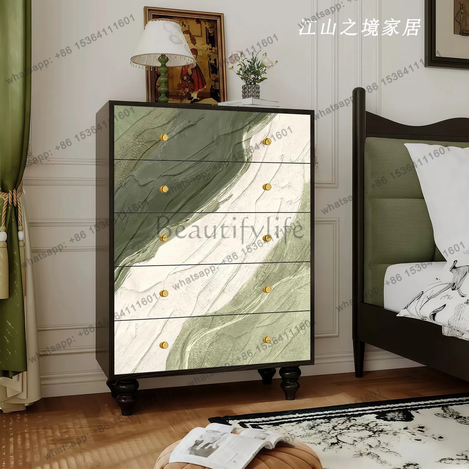 French solid wood five-bucket living room bedroom drawer cabinet modern light luxury art flower painted side cabinet