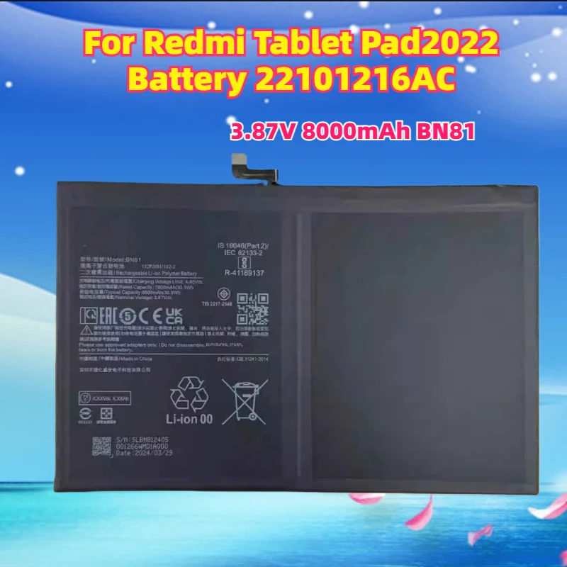 

3.87V 8000mAh BN81 Battery for Redmi Tablet Pad2022 Battery 22101216AC Battery BN81 Board