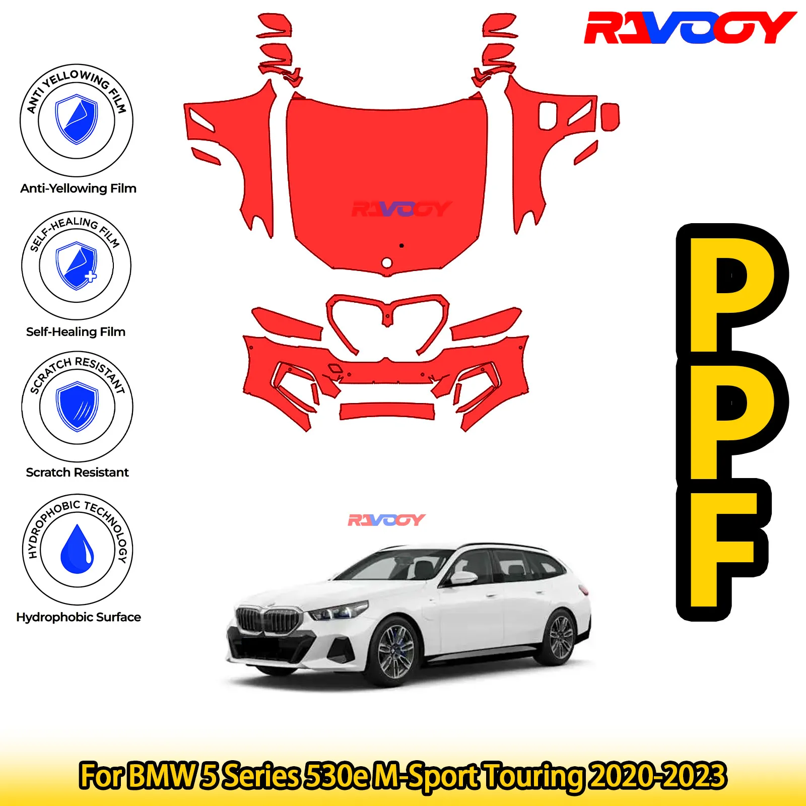 

For BMW 5 Series 530e M-Sport Touring 2020-2023 Glossy Matte Black Precut front PPF Kit Paint Protection Film