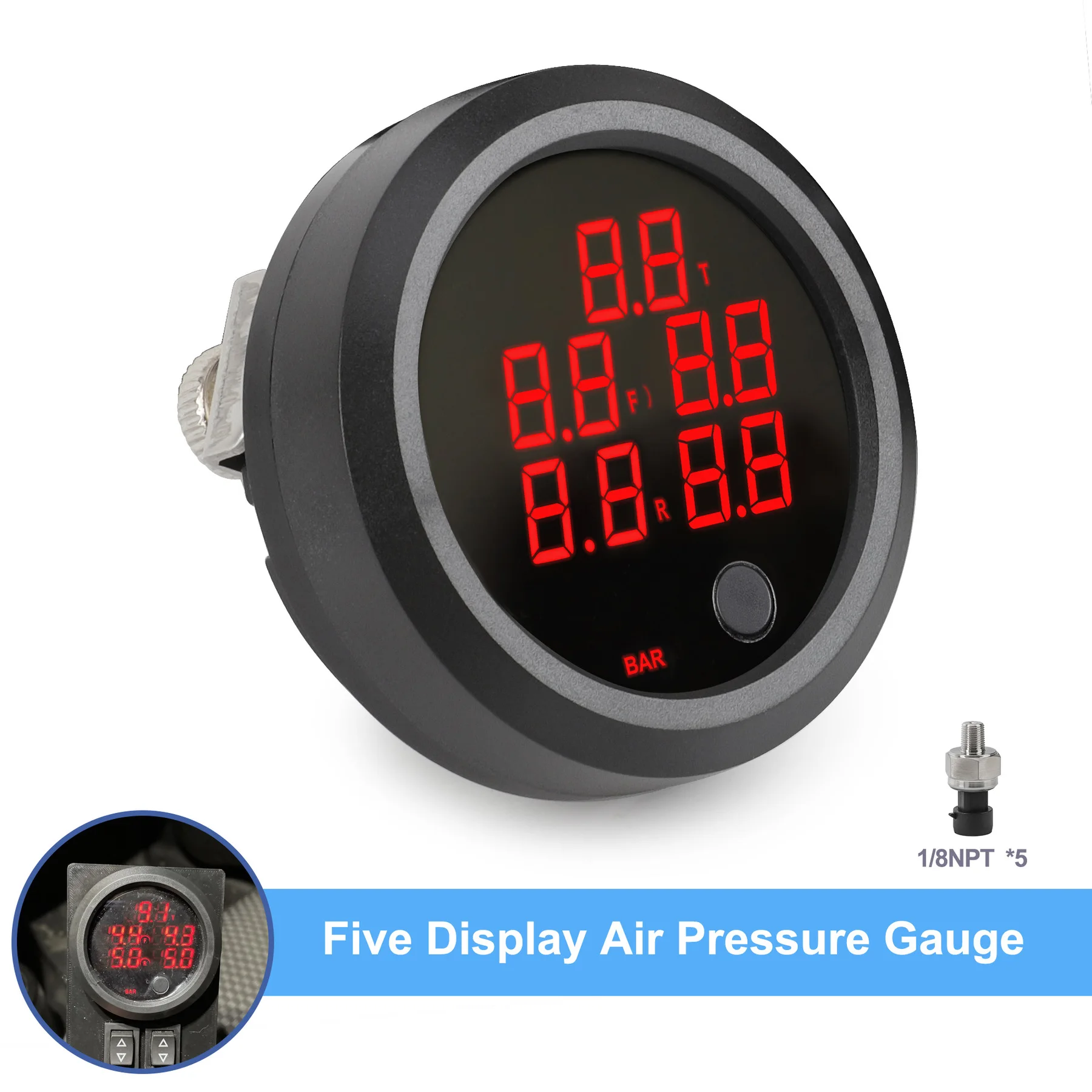 

Universal 5 In 1 LED Display Air Suspension Pressure Gauge PSI Air Suspension 0-20 Bar With 5 Pieces 1/8NPT Electrical Sensors