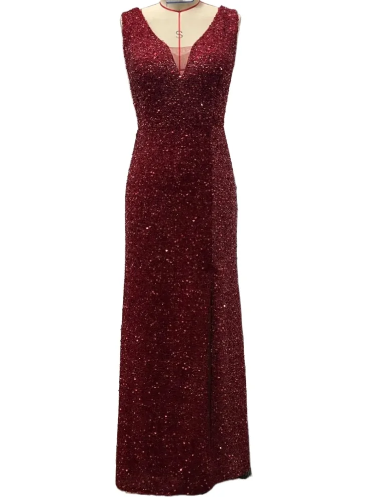 

Sexy Double V-neck Sequined High Split Long Formal Evening Dress Bungundy