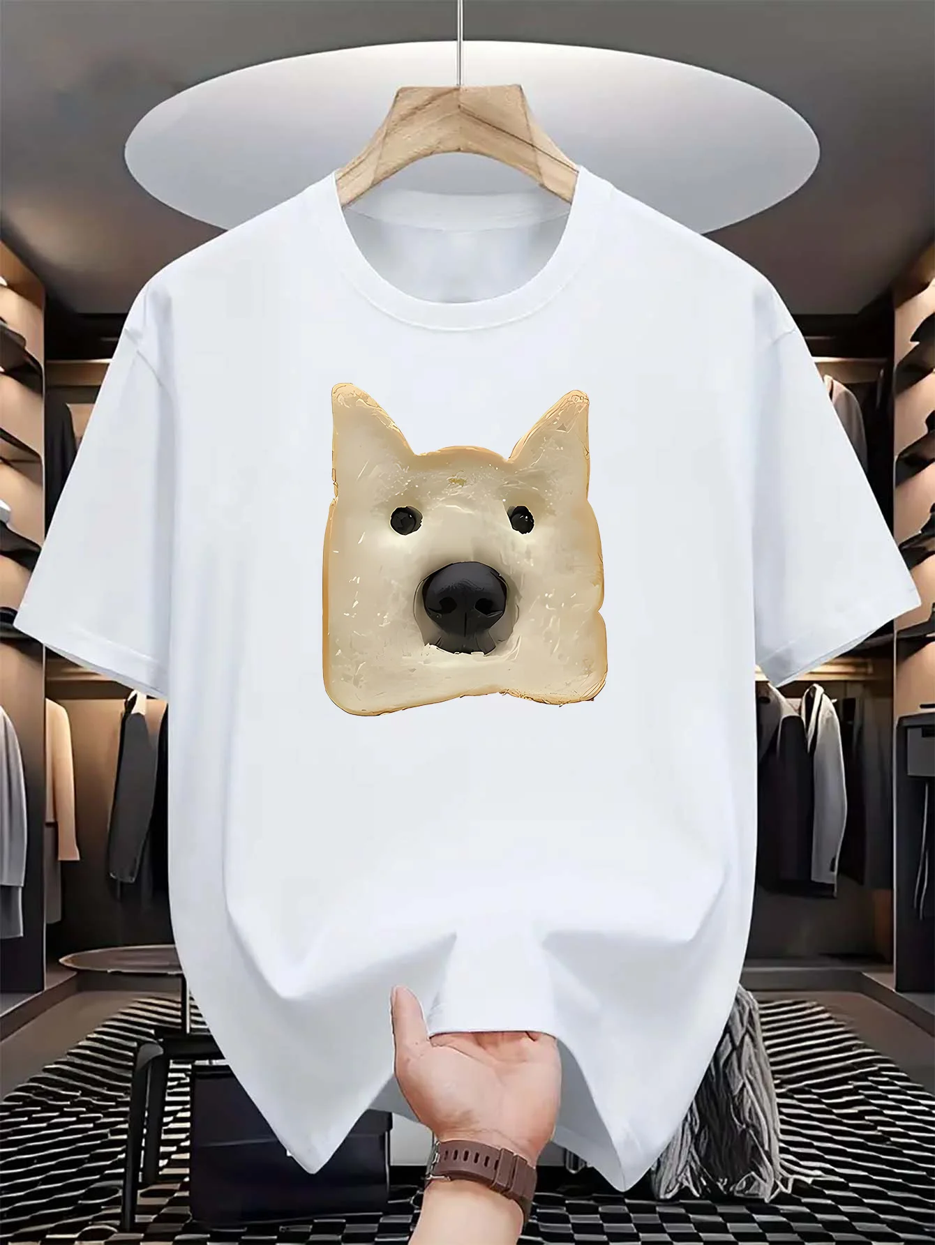 Men's bread dog head pattern T-shirt, casual short-sleeved T-shirt, comfortable summer top, machine washable