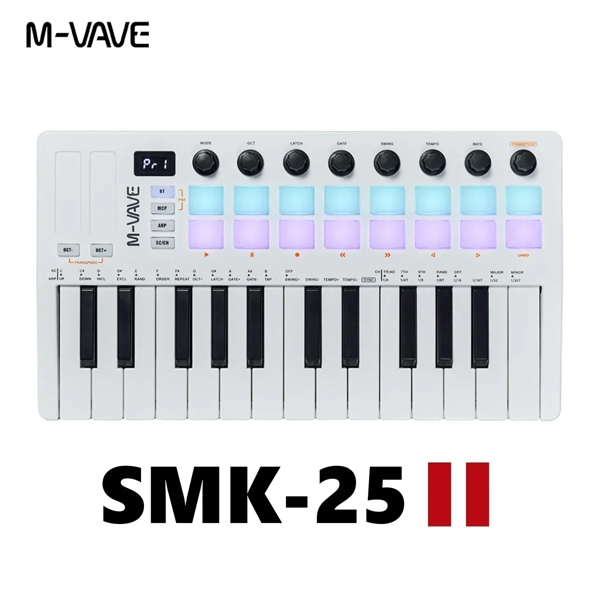 M-VAVE SMK-25 II MIDI Control Keyboard  Mini USB Pad 25 Key Usb Midi Controller16 RGB Drum Pads 8 Knobs Music Notebook Piano