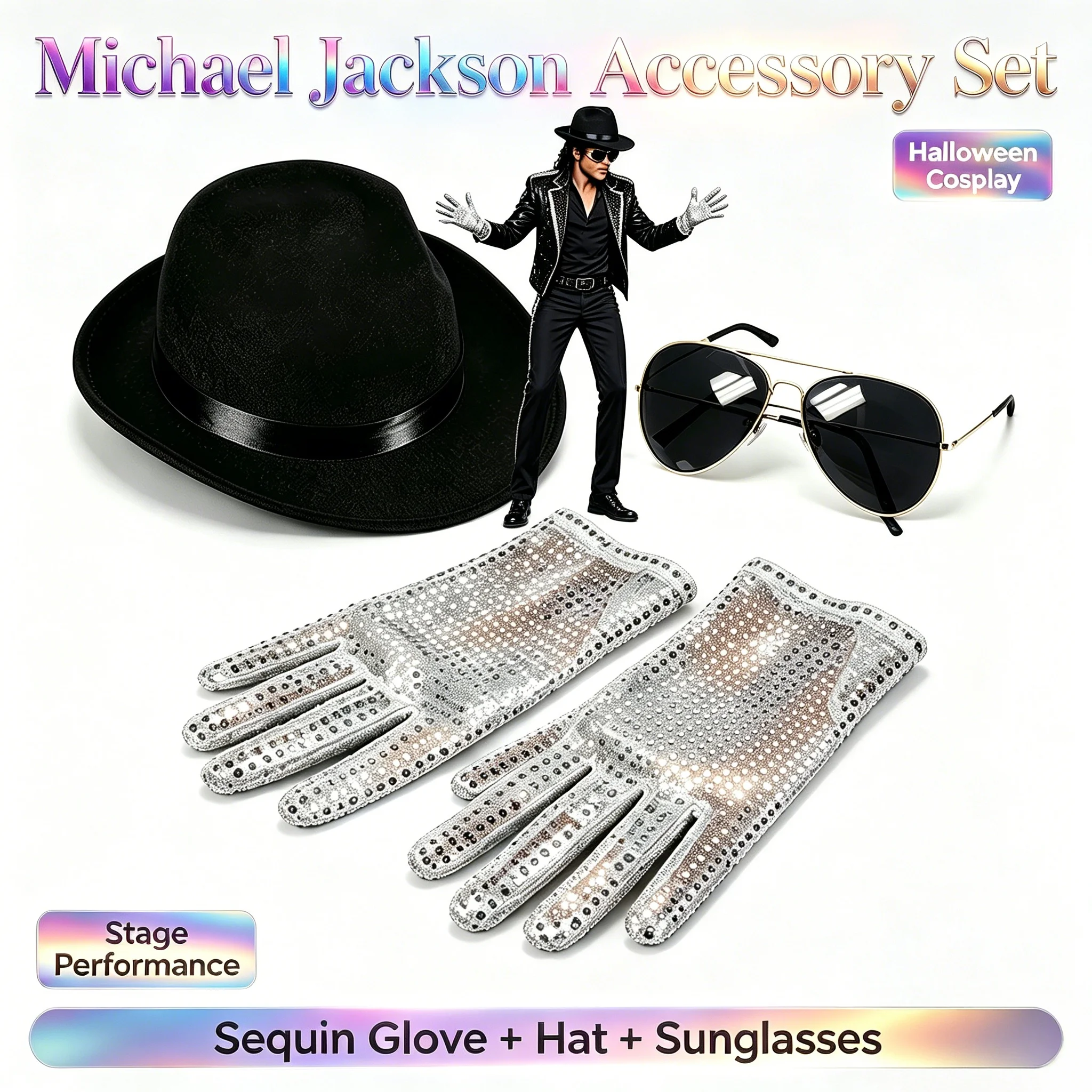 Michael Jackson Accessory Set Sequin Glove Fedora Hat Sunglasses Halloween Cosplay Party Stage Performance Costume Props