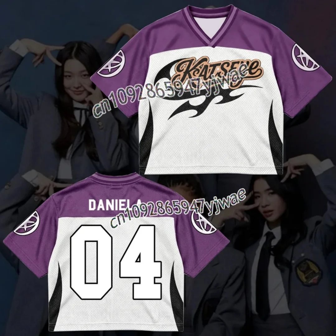 Modisches KATSEYE Purple Flame Streetwear Mesh-Trikot für Fans, Herbst, Herren- und Damen-Kurzarm-T-Shirt, Kpop Lara Sophia Fans Geschenk – Detail 5