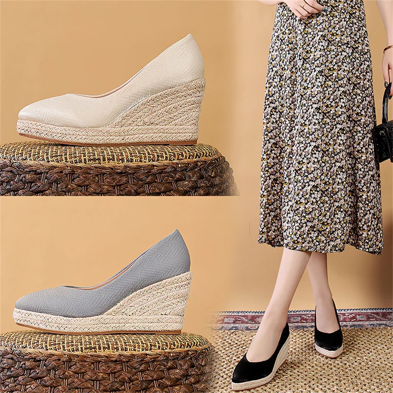 Autumn New Low Cut Pointed Toe Fisherman Shoes Wedge Platform 10cm High Heels Work Shoe Block Heel Straw Pumps Women Espadrilles