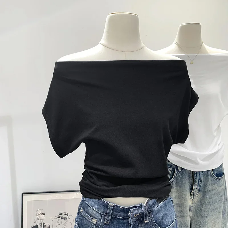 Off-shoulder Drape Short Sleeve T-shirt Women's Summer 2024 New Style Cropped Waist-fitted Drawstring Top Stylish Casual Wear