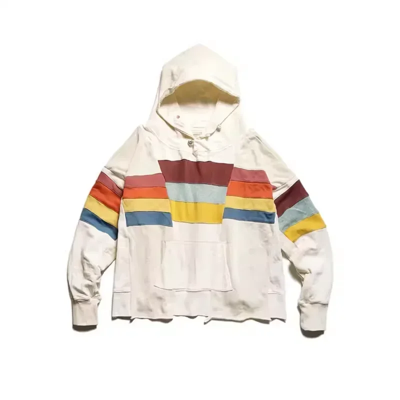 22AW KAPITAL Hirata Kazuhiro's new pure cotton washed distressed patchwork striped hooded loose sweatshirt