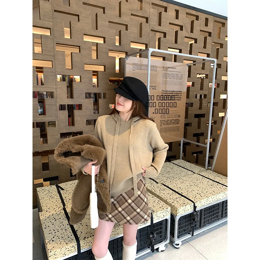 

Вязаный свитер цвета хаки с капюшоном и завязками, женская внутренняя одежда, новинка осени-зимы 2023, для повседневной носки, стандартной длины