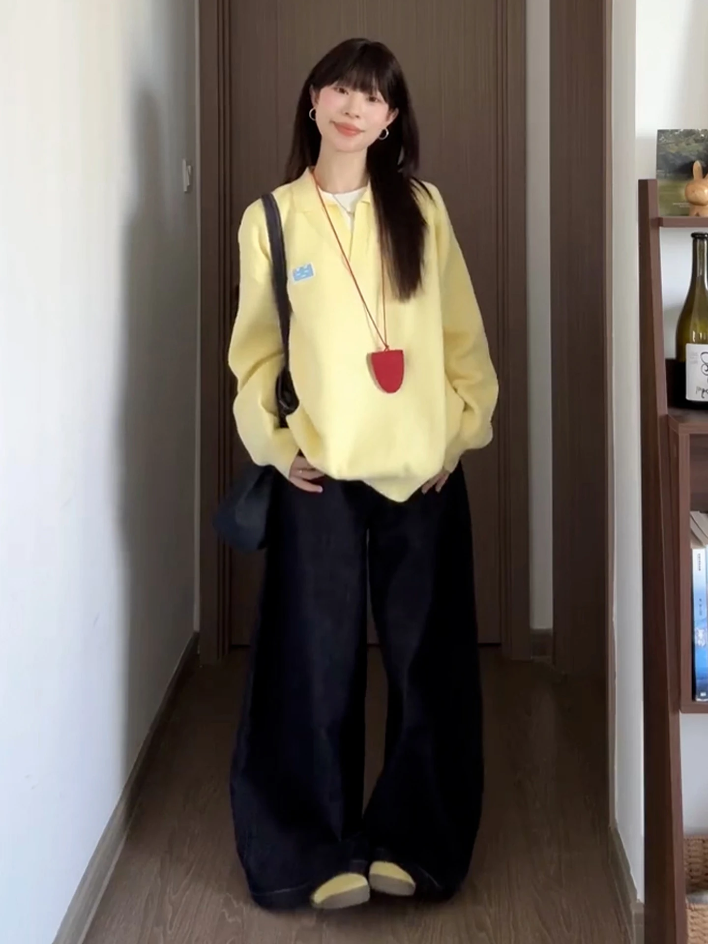 Korean Sle  Collar Embroidered Knitted Sweater Soft Cozy Lazy Yellow Autumn Winter New Arrival Loose Fit Warmth Fem ...