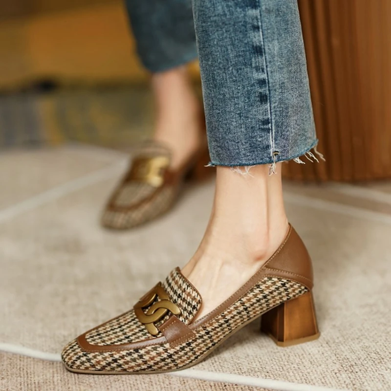 HOT SALES Women Loafers Square Toe Chunky Heel Shoes for Women Spring Women Shoes Lattice Women Pumps Cow Leather Handmade Shoes