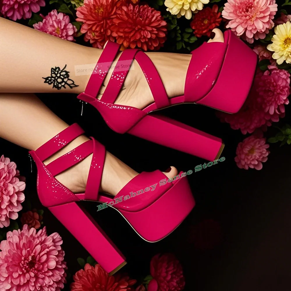 

Peep Toe Thick Sole Sandals Platform Chunky High Heels Solid Buckles Straps Sandals Women Sexy Shoes Summer Party Designer New