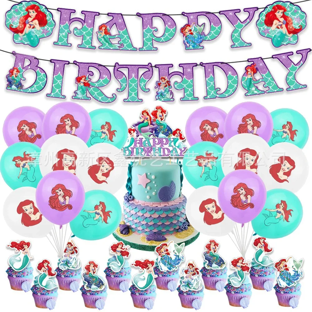 

Anime Disney Mermaid Birthday Party Decoration Kawaii Banner Cake Topper Flag Balloon Birthday Party Children Supplies Set