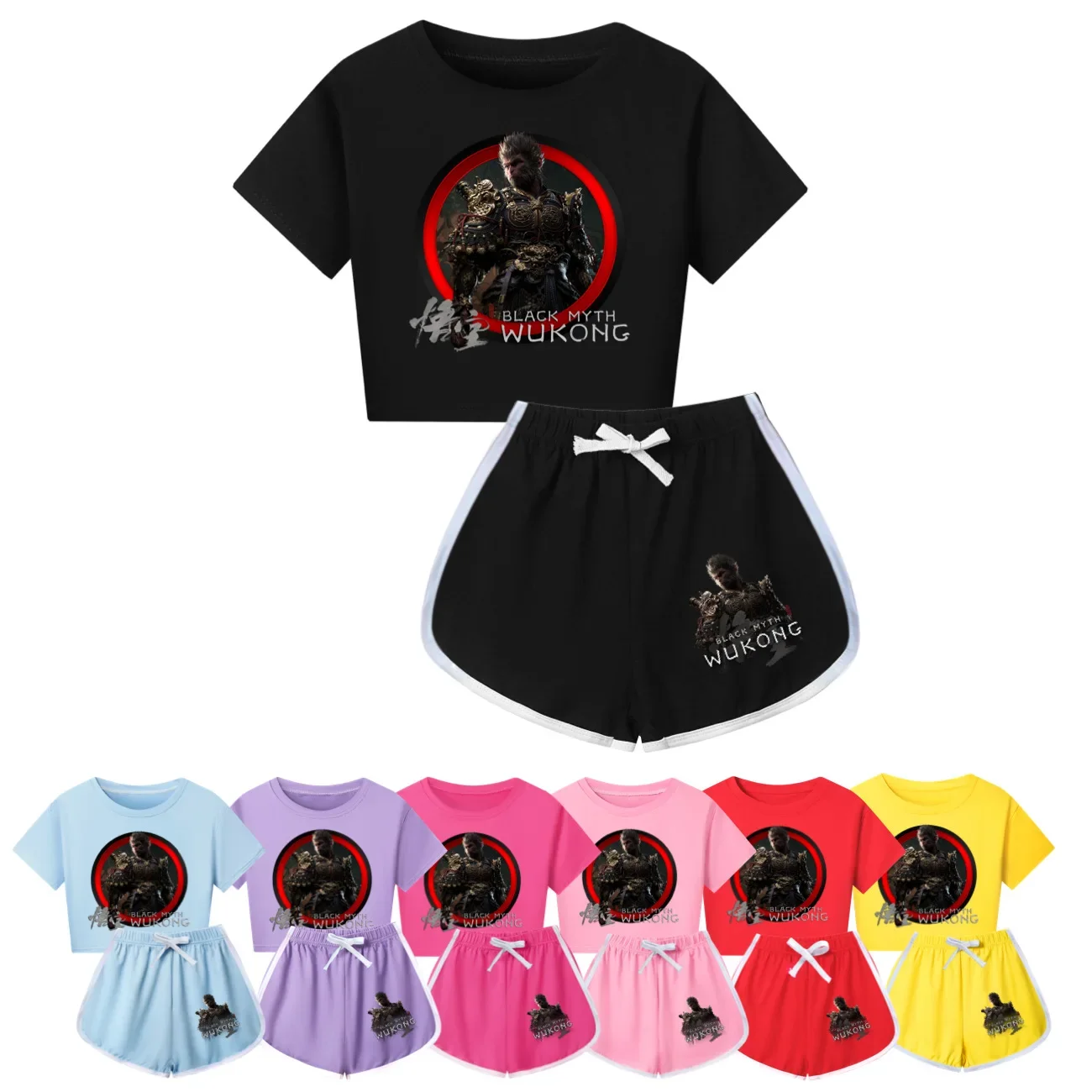 

Girls Summer Black Myth Wukong Game Clothing Set Kids midriff-baring T shirt +Pants 2-piece set Baby Clothing Sport Pyjamas 3745