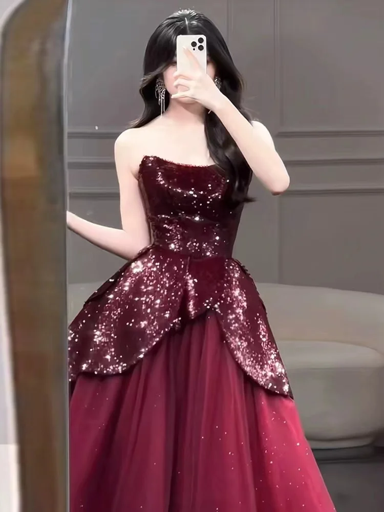 

Tube Top No. 15 Toast Dress High-end Evening Dress 2024 New Burgundy Engagement Dress Female Niche