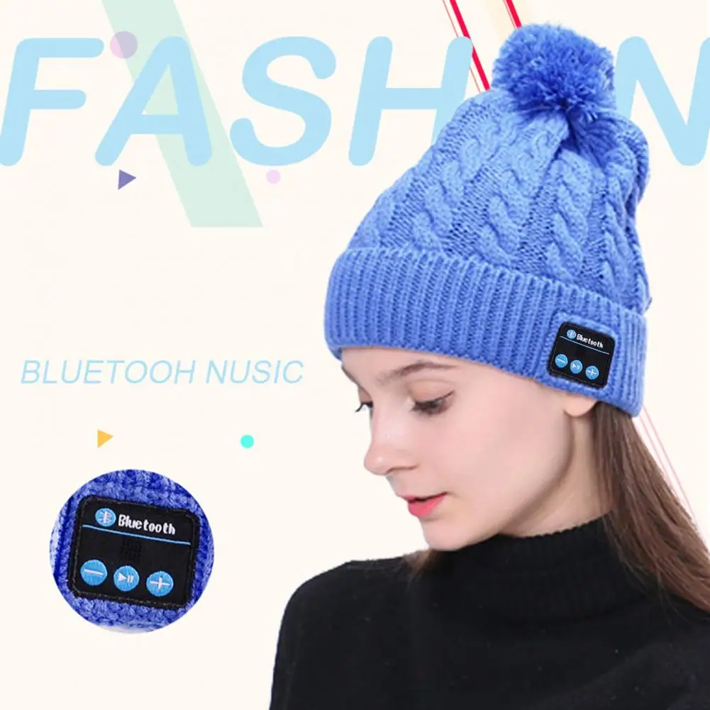 Unisex Knitting Hat Solid Color Bluetooth-compatible 5.0 Warm Hat Twist Texture Plush Ball Beanie Hat Wireless Headphones Beanie