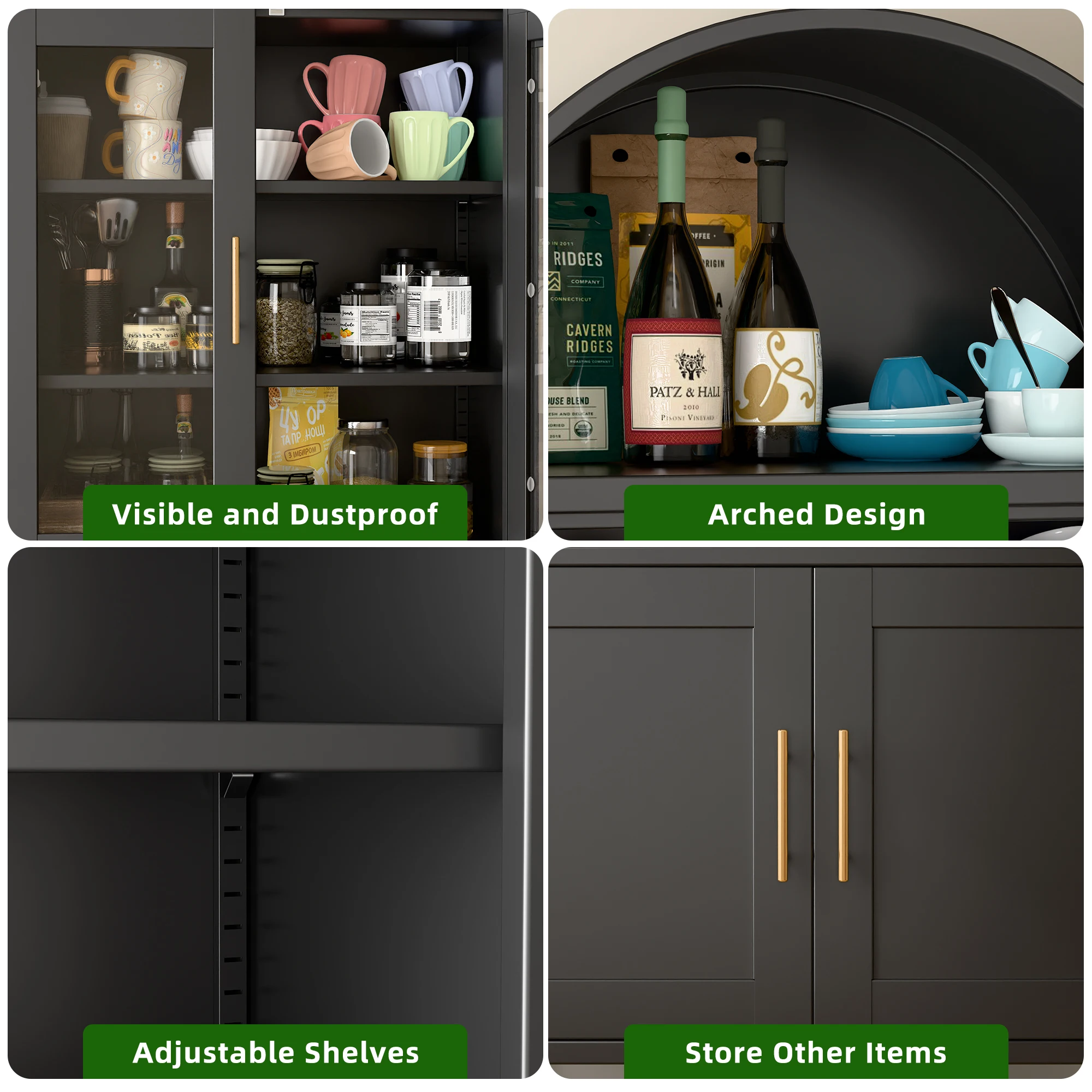 73-дюймовый арочный кухонный шкаф для хранения кладовой с дверцами/полками, черный арочный книжный шкаф, витрина для домашнего офиса, бара, жизни