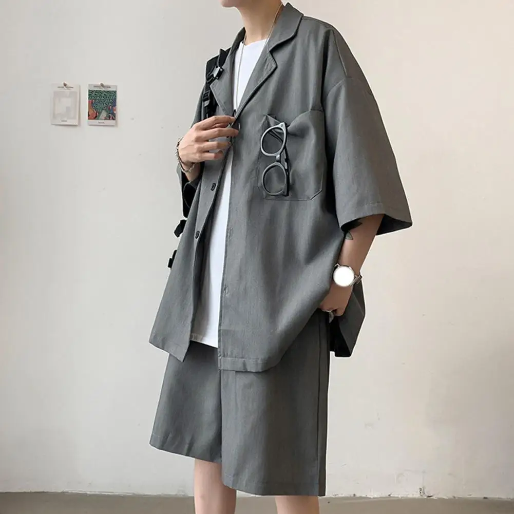 Conjunto de traje para hombre, camisa de solapa, pantalones cortos de cintura elástica, traje de ajuste suelto de Color sólido con bolsillo de