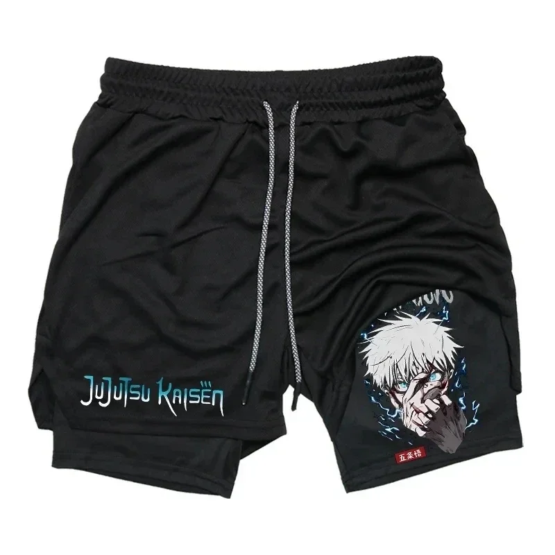 Quick Dry Athletic Shorts, Anime Jujutsu Kaisen Compression Shorts for Men, Pocket Performance, Gym, Workout, Fitness, 2 in 1