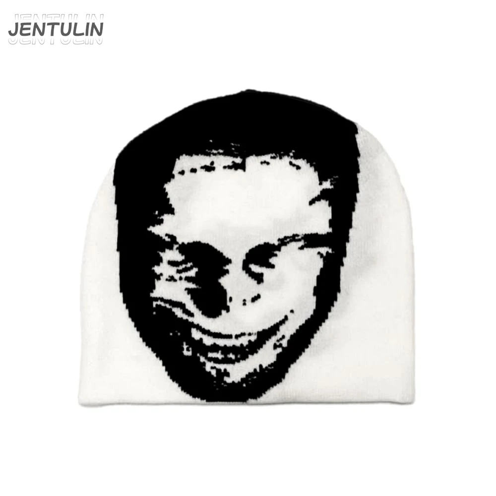 

Men Beanies Kpop Aphex Twin Face Hat Y2k Knit Hip Hop Streetwear Wool Winter Korean Rock Pullover Accessories Jacquard Women Cap