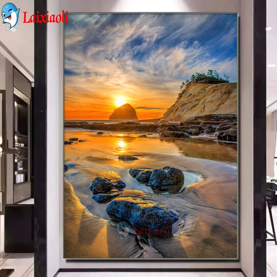 5D Diamond Embroidery sunset natural beach landscape Rhinestones Picture  DIY Full Drill Diamond Painting Mosaic Sea Home Decor