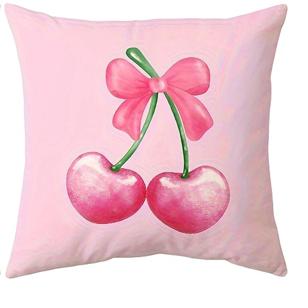 Pink Bow Cherry Pattern Printed Pillowcase Soft And Comfortable Sofa Cushion Cover Suitable For All Kinds Of Rooms And Places